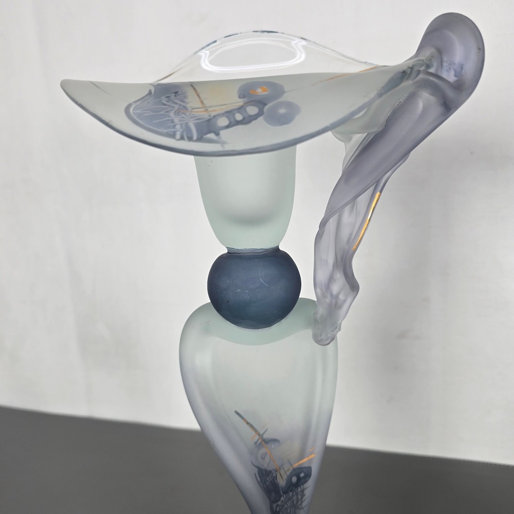 Ion Tamaian Signed Studio Art Glass Candle Holders Pair Frosted Blue Gold Gilt - Picture 3 of 16